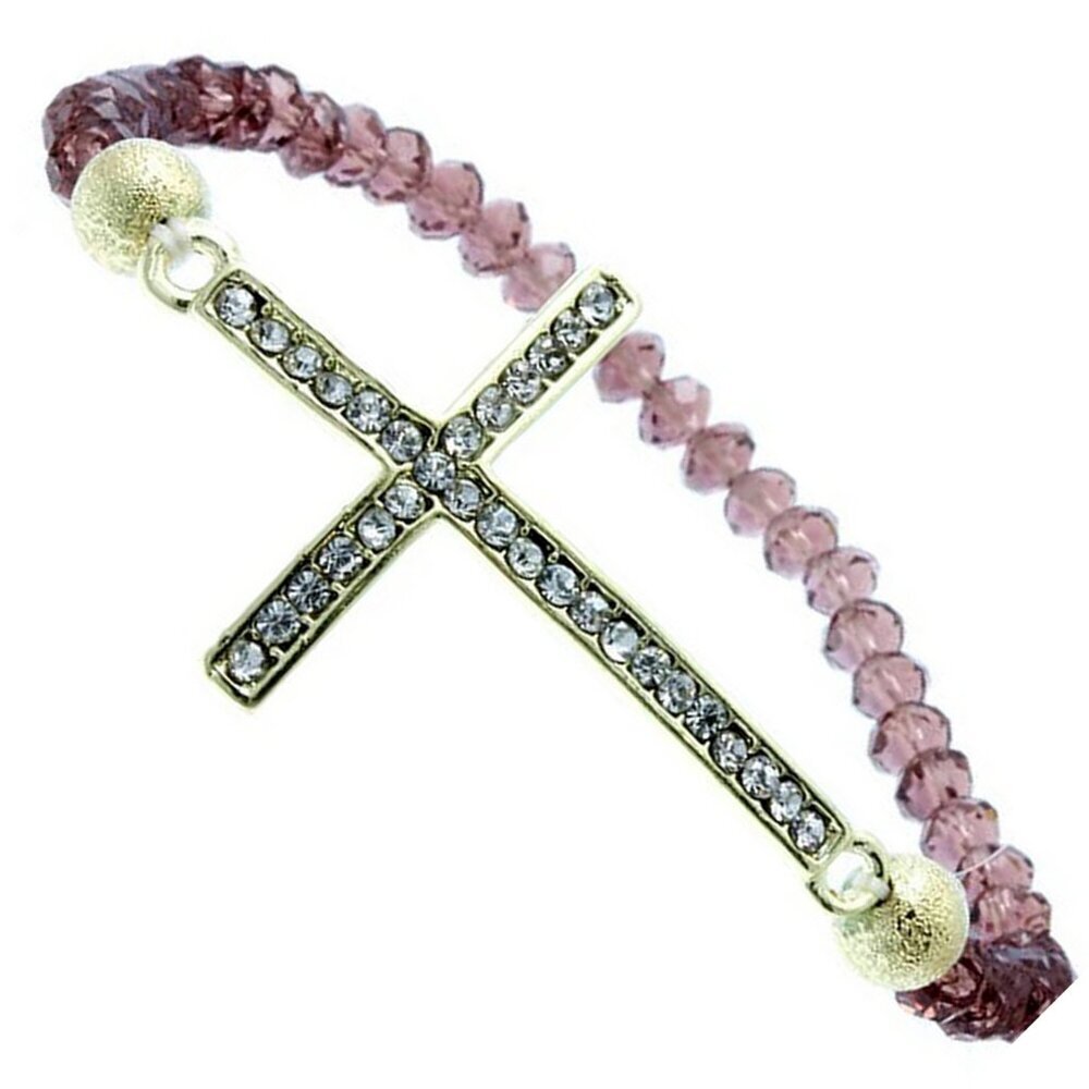 Slim Plum Faceted Crystal Beaded Cross Stretch Bracelet w/Gold Accents